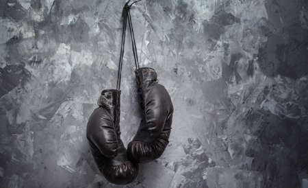 black box gloves on gray backgroundの写真素材