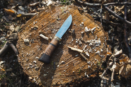 knife on wood in the garden background