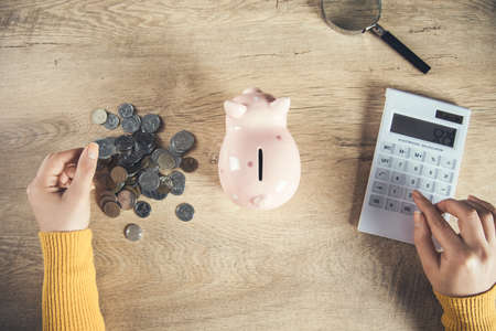 woman hand calculator and coin with piggy bank on the table