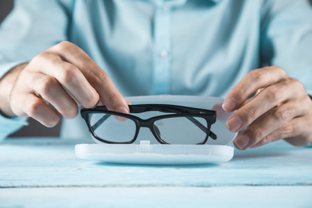 man hand glasses and box on tableの写真素材