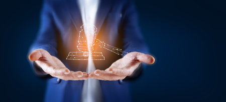 man hand judge icon in screen on blue background
