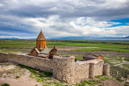 Khor Virap church in Armenia under abstract skyの写真素材
