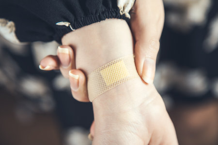 woman hand medical plaster in hand on dark backgroundの写真素材