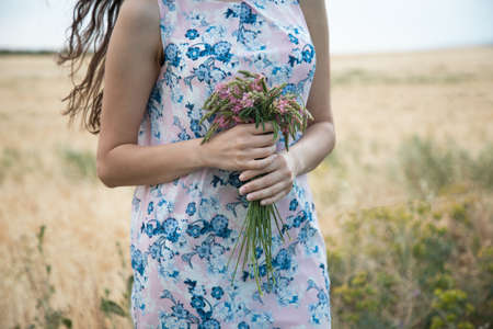 woman hand flowers in the field backgroundの写真素材