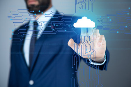Businessman pressing button on virtual screen,cloud technology and networking concept
