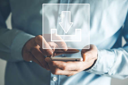 Man hand hold phone with Download icon