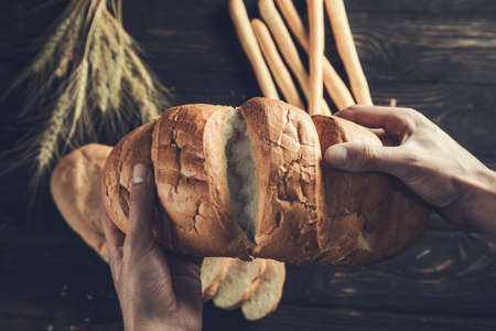 Male hand is holding a fresh rustic breadの写真素材