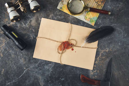 travel items and vintage letter on the abstract backgroundの写真素材