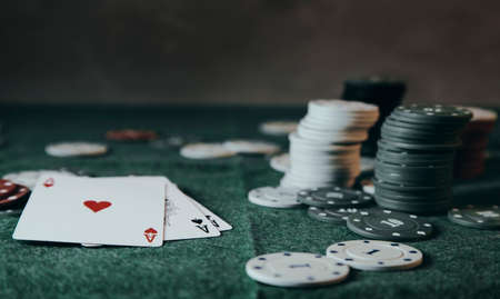 poker chips stack with cards an ACEの写真素材