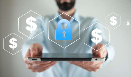 the man with lock security business sign in tablet screen