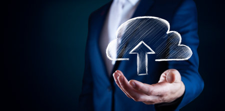 man using Business button upload icon connection web sign