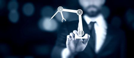 business man holding robot icon, smart industry concept