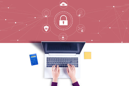 business woman working in computer and lock icons