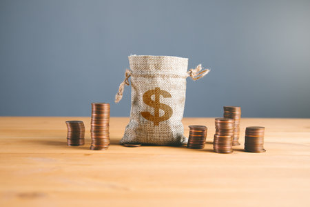coins chart and dollar bag on wooden backgroundの写真素材