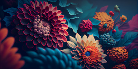 Abstract floral background with dahlia flowers. 3d rendering illustrationの素材