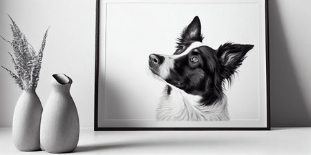 Black and white portrait of border collie dog in frame on white background.の素材