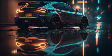 Car on a wet road in the rain. 3d rendering.の素材