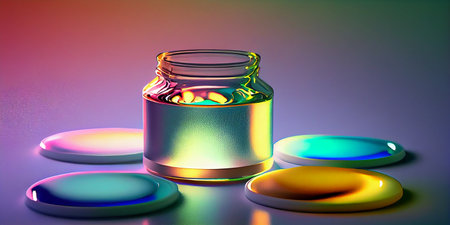 jar with pills inside on a colorful backgroundの素材