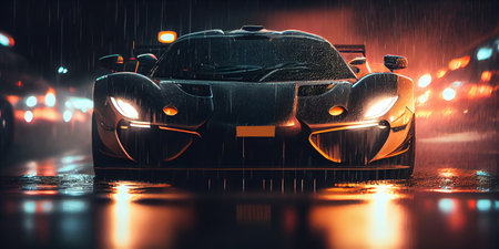 car wash concept. Close up view of black sport car on wet asphalt road at night with rain. 3D Renderingの素材