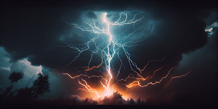 Lightning in the night sky. Thunderstorm. 3D renderingの素材