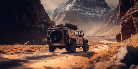 rendering of a jeep in the desert with mountains in the backgroundの素材