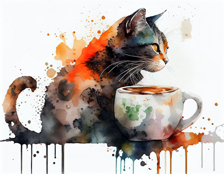 Watercolor illustration of a cat with a cup of coffee on a white backgroundの素材