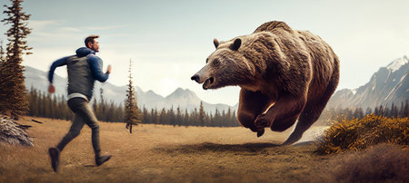 Grizzly bear chasing a man against mountains in the backgroundの素材