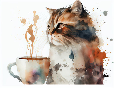 Watercolor illustration of a cat and a cup of coffee on a white backgroundの素材