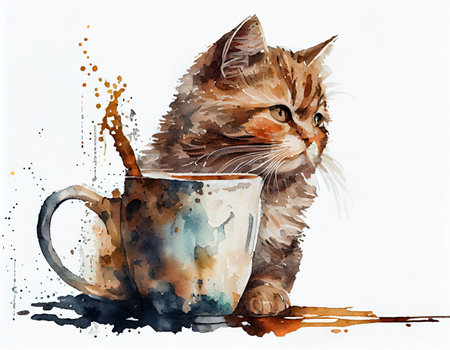 Watercolor illustration of a cat with a cup of coffee, isolated on a white background.の素材