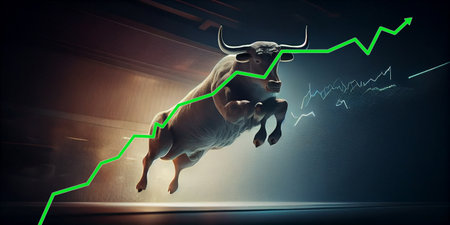 Bull stock market trading concept as a financial stock market chart with a bull as a symbol of bull trading.の素材