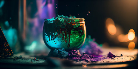 Halloween concept. Witchcraft potion in a cauldron on a black background.の素材