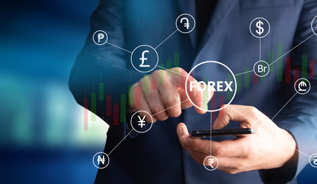 Financial trader hand phone with forex. Forex conceptの写真素材