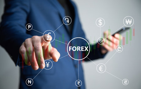 Financial trader hand phone with forex. Forex conceptの写真素材