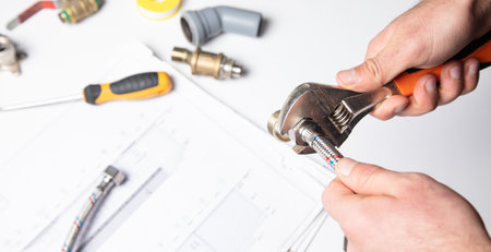 worker plumber hands screwing nut of pipeの写真素材