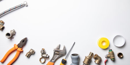 Set of plumbing and tools on the white backgroundの写真素材