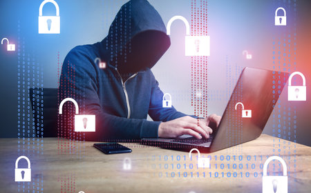 hacker man working computer with lock icons