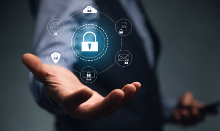 business man holding phone with lock icon
