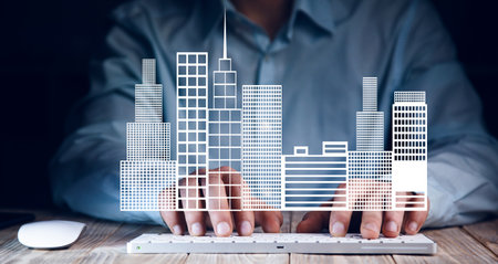 business man working computer with buildings icon