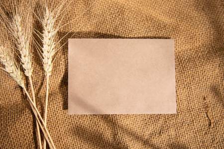 wheat spike with card on sackcloth backgroundの写真素材