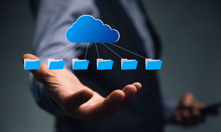 man holding smart phone and cloud with files iconの写真素材