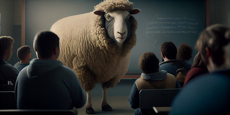 Sheep in a school classroom with blackboard in the background.,Generative AIの素材