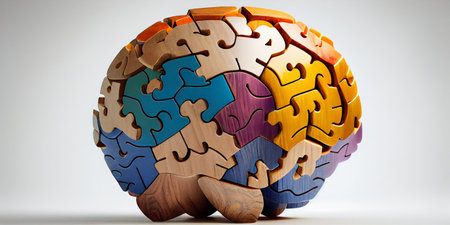 Colorful puzzle in the shape of a human brain on dark background,Generative AIの素材