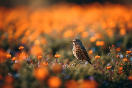 The bird sits on the grass among the flowers. Generative AI illustratorの素材