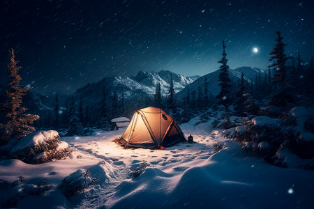 Tent in the snowy forest at night. Generative AI illustratorの素材