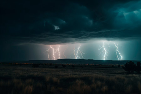 Thunderstorm and lightning over the field. Generative AI illustratorの素材