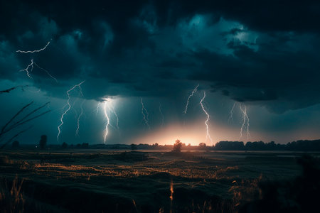 Thunderstorm and lightning over the field. Generative AI illustratorの素材