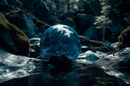 Round blue ball in the mountains. Generative AI illustratorの素材