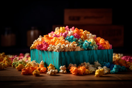 Multi-colored popcorn in a box. Generative AI illustratorの素材
