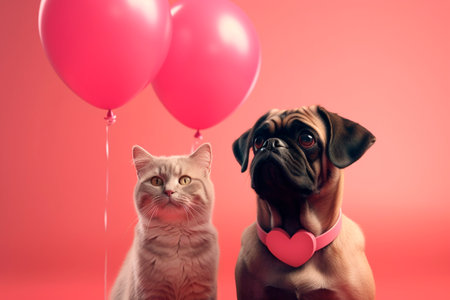 Dog and cat with a balloon on a pink background. Generative AI illustratorの素材