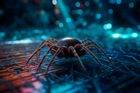 Cyber spider on a microchip. Generative AI illustratorの素材